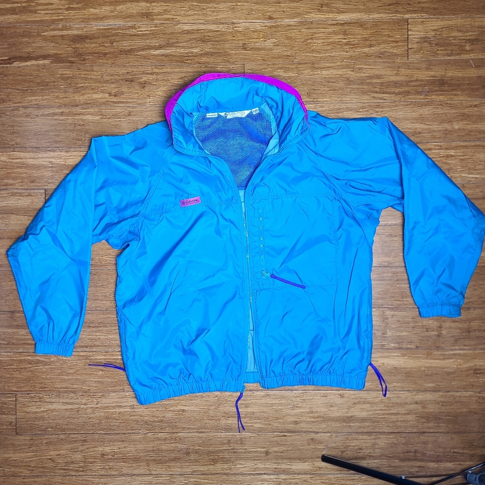 Vintage 90s Columbia XL Jacket Peacock Blue Pink Full Zip Windbreaker Womens